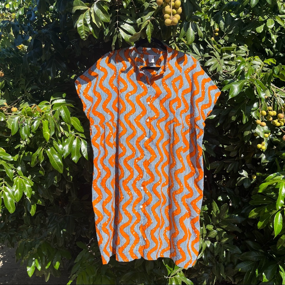 Osei Duro orange blue ivory stripe squiggle print button down mini dress